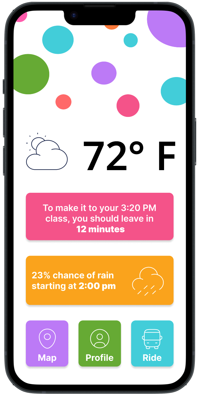 homescreen of app with bright colors and buttons