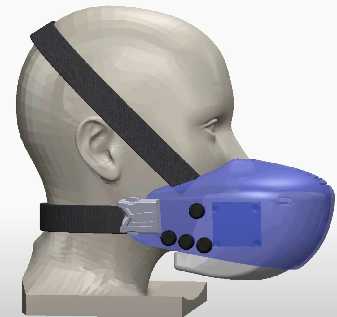 mannequin wearing device over mouth with straps over head