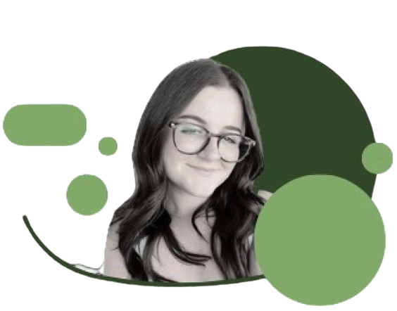 black and white photo of a white woman with brown hair wearing glasses, with varrying sizes of green dots around her